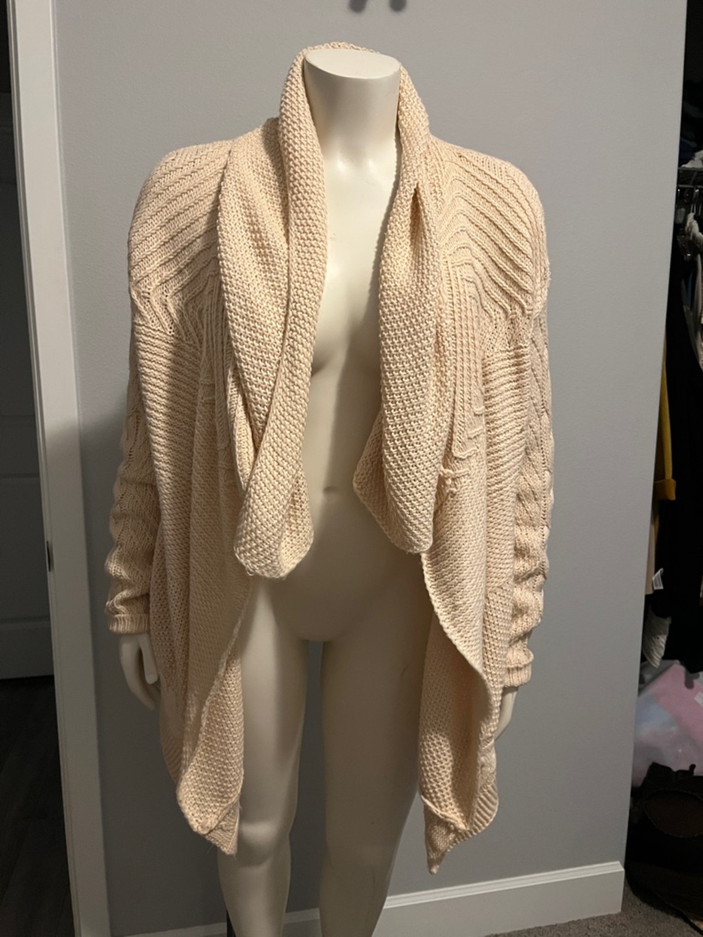 Woven Heart Chunky Shawl Collar Cardigan - Pinkish Cream
